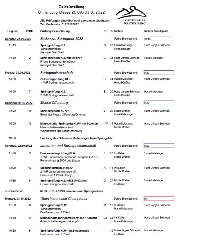 Zeiteinteilung Offenburg Messe 2022